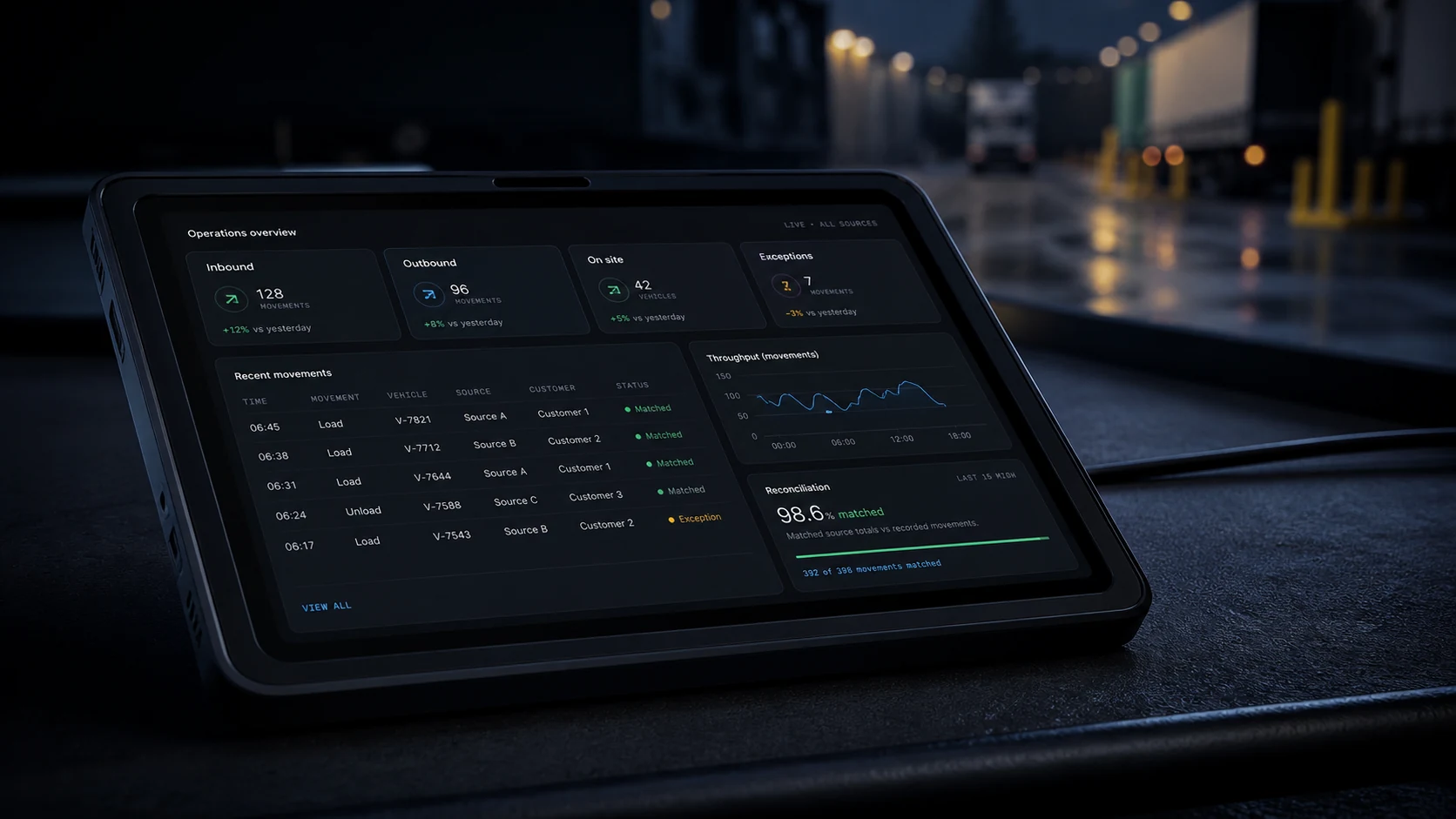 A cinematic tablet displaying live logistics movements and reconciliation data