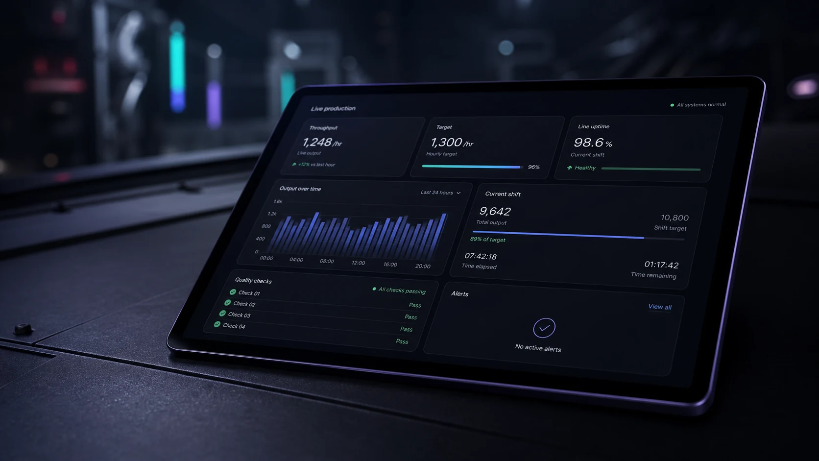 A cinematic tablet displaying live production throughput, uptime and quality data